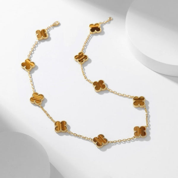 [Vexcal.com]CLOVER 10 MOTIFS TIGER EYE NECKLACE