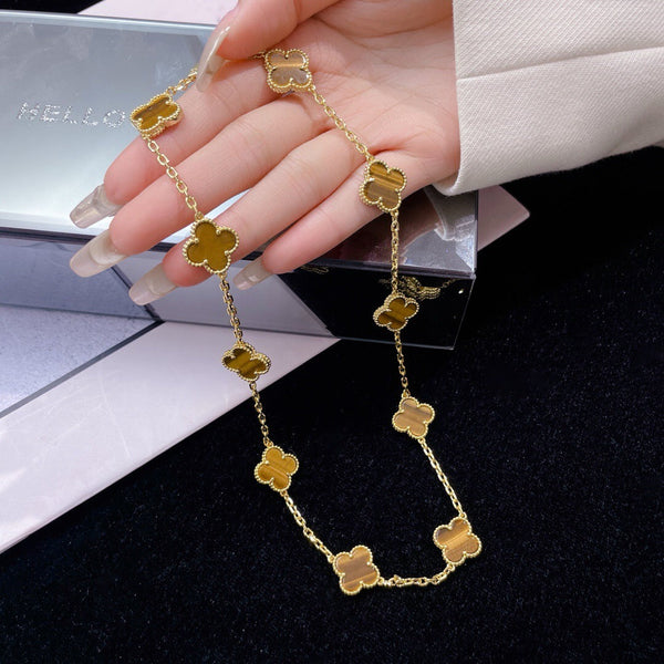 [Vexcal.com]CLOVER 10 MOTIFS TIGER EYE NECKLACE